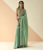 Dark Mint Heavy Yoke Peplum Gharara With Cutwork Border Dupatta