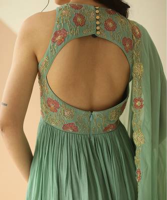 Dark Mint Heavy Yoke Peplum Gharara With Cutwork Border Dupatta 2