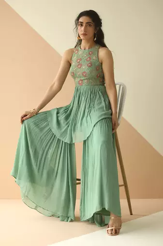 Dark Mint Heavy Yoke Peplum Gharara With Cutwork Border Dupatta