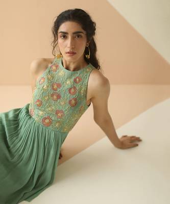 Dark Mint Heavy Yoke Peplum Gharara With Cutwork Border Dupatta 4