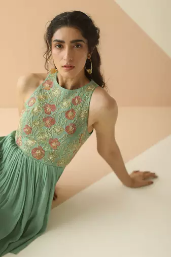 Dark Mint Heavy Yoke Peplum Gharara With Cutwork Border Dupatta