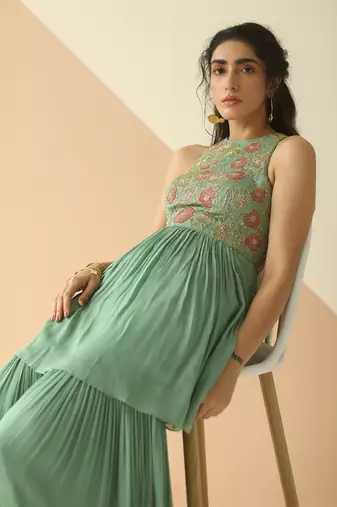 Dark Mint Heavy Yoke Peplum Gharara With Cutwork Border Dupatta