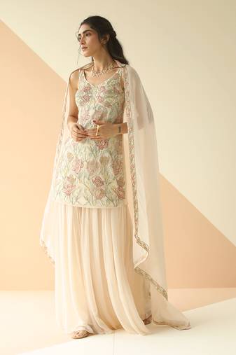 Offwhite Heavy Jaal Kurti Sharara With Border Dupatta
