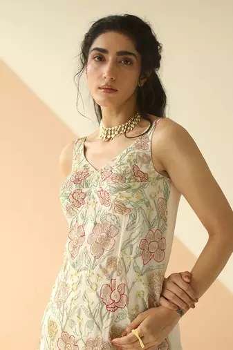 Offwhite Heavy Jaal Kurti Sharara With Border Dupatta