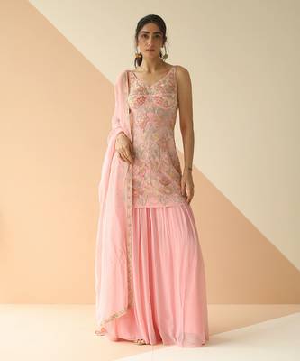 Baby Pink Crepe Heavy Jaal Kurti Sharara with Border Dupatta 1