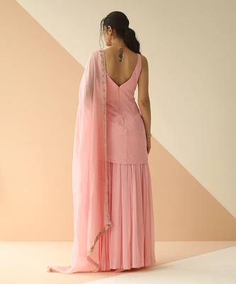 Baby Pink Crepe Heavy Jaal Kurti Sharara with Border Dupatta 2