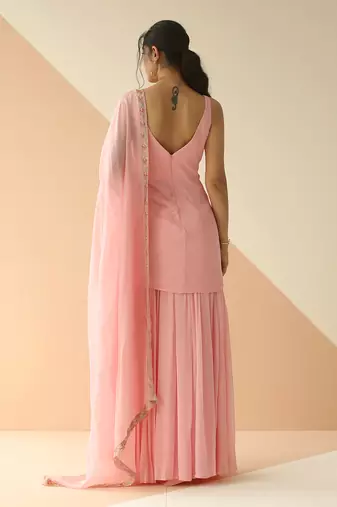 Baby Pink Crepe Heavy Jaal Kurti Sharara with Border Dupatta