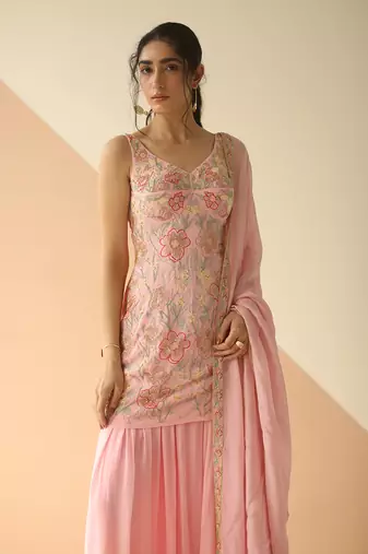 Baby Pink Crepe Heavy Jaal Kurti Sharara with Border Dupatta