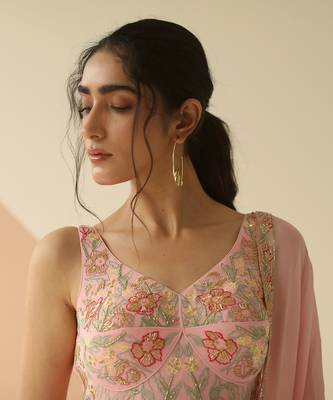 Baby Pink Crepe Heavy Jaal Kurti Sharara with Border Dupatta 4