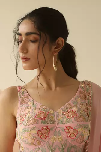 Baby Pink Crepe Heavy Jaal Kurti Sharara with Border Dupatta
