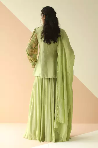 Pista Green Heavy Jaal Peplum Sharara With Scallop Dupatta