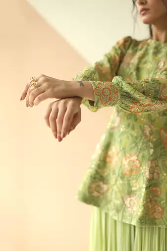 Pista Green Heavy Jaal Peplum Sharara With Scallop Dupatta