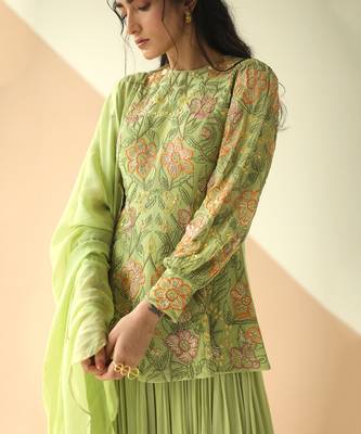 Pista Green Heavy Jaal Peplum Sharara With Scallop Dupatta 4
