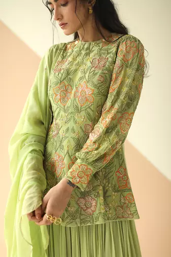 Pista Green Heavy Jaal Peplum Sharara With Scallop Dupatta