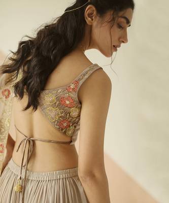 Grey Cupwork Blouse Embroidered Sharara With Border Dupatta 2