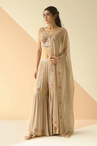 Grey Cupwork Blouse Embroidered Sharara With Border Dupatta