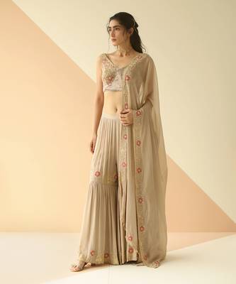 Grey Cupwork Blouse Embroidered Sharara With Border Dupatta 1