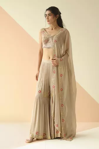 Grey Cupwork Blouse Embroidered Sharara With Border Dupatta