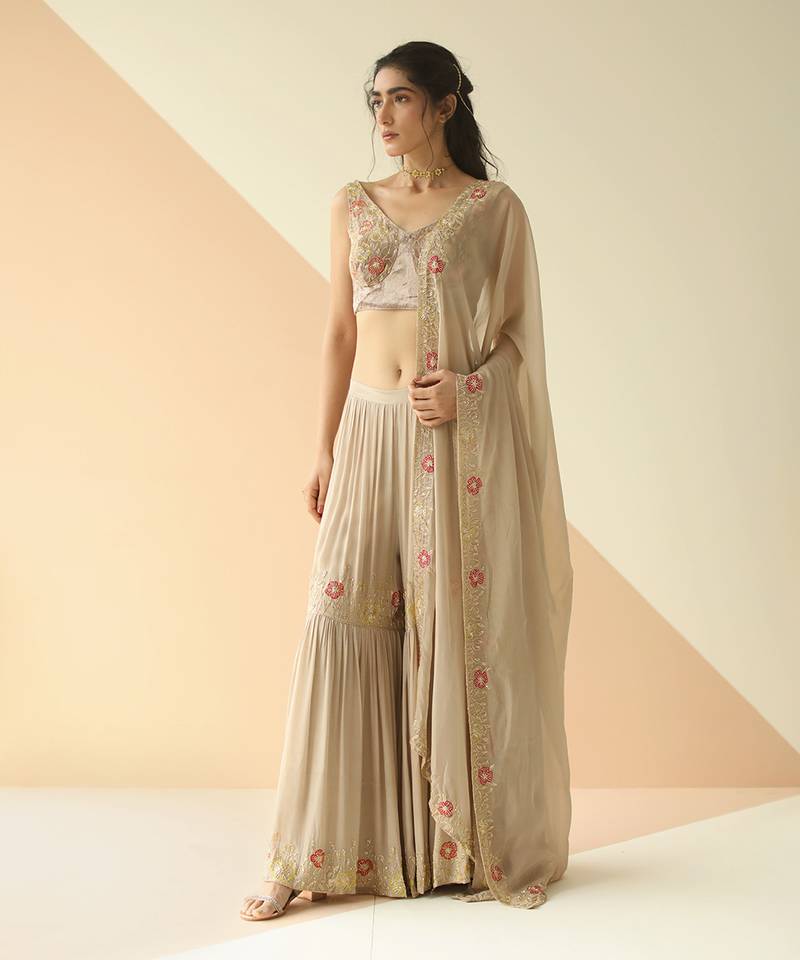 Grey Cupwork Blouse Embroidered Sharara With Border Dupatta