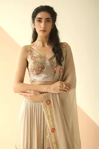 Grey Cupwork Blouse Embroidered Sharara With Border Dupatta
