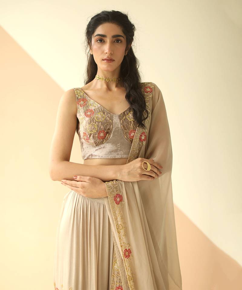 Grey Cupwork Blouse Embroidered Sharara With Border Dupatta