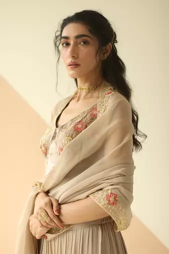 Grey Cupwork Blouse Embroidered Sharara With Border Dupatta