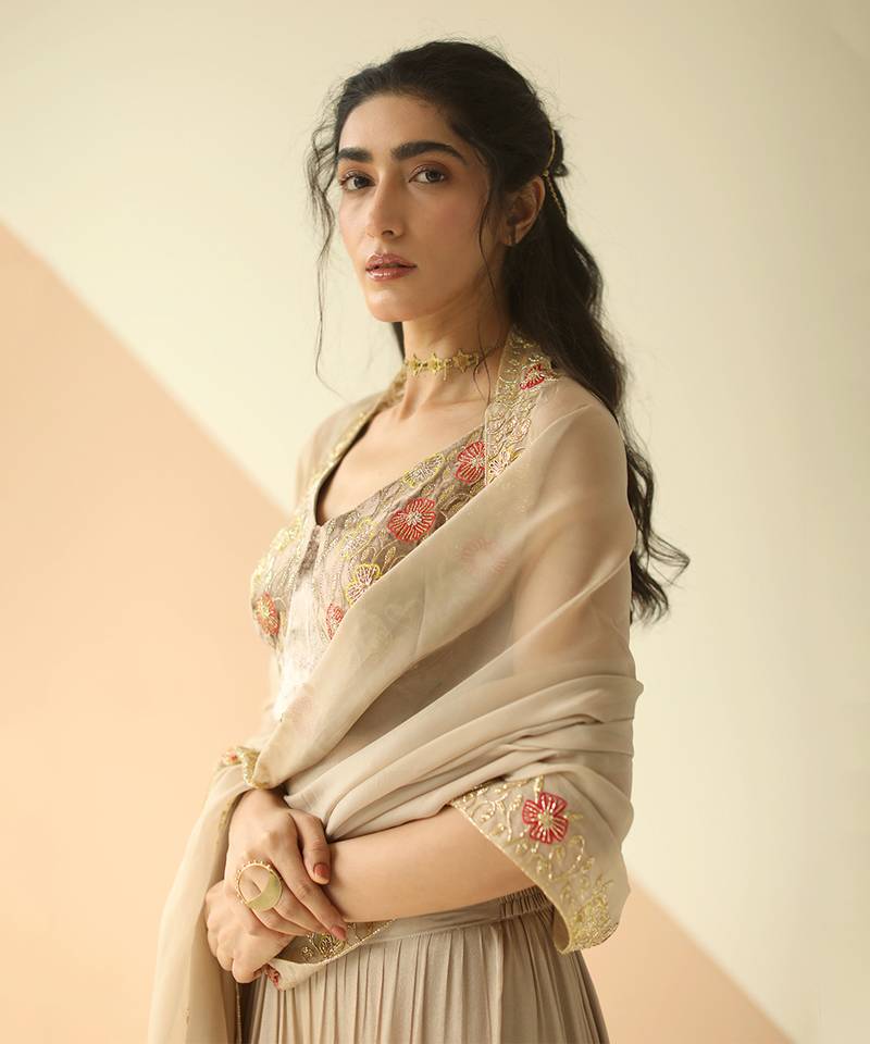 Grey Cupwork Blouse Embroidered Sharara With Border Dupatta