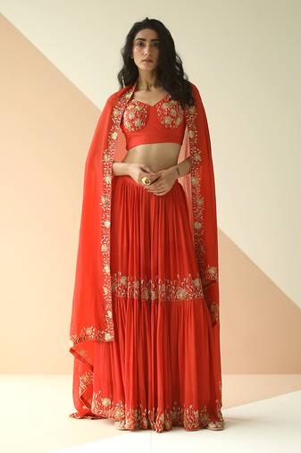Red Cupwork Blouse Embroidered Sharara With Border Dupatta