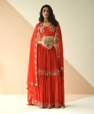 Red Cupwork Blouse Embroidered Sharara With Border Dupatta 1