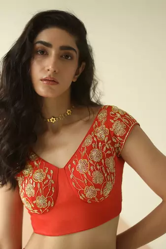 Red Cupwork Blouse Embroidered Sharara With Border Dupatta