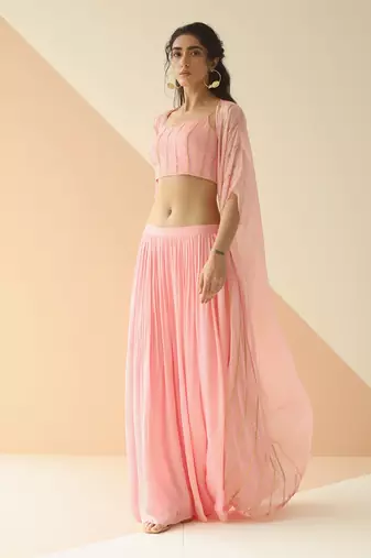 Baby Pink Step Line Blouse Sharara With Line Organza Jacket
