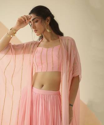 Baby Pink Step Line Blouse Sharara With Line Organza Jacket 3