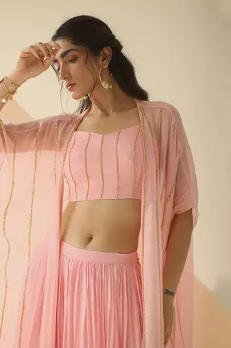 Baby Pink Step Line Blouse Sharara With Line Organza Jacket