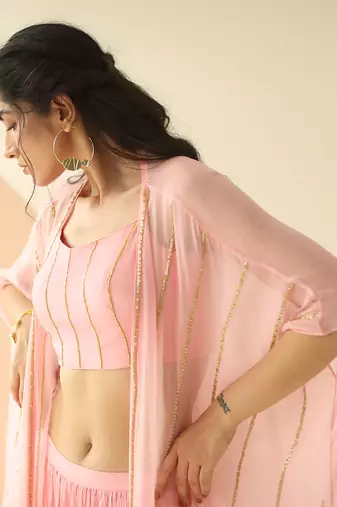Baby Pink Step Line Blouse Sharara With Line Organza Jacket