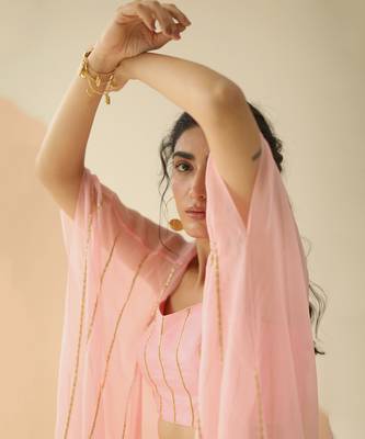 Baby Pink Step Line Blouse Sharara With Line Organza Jacket 5