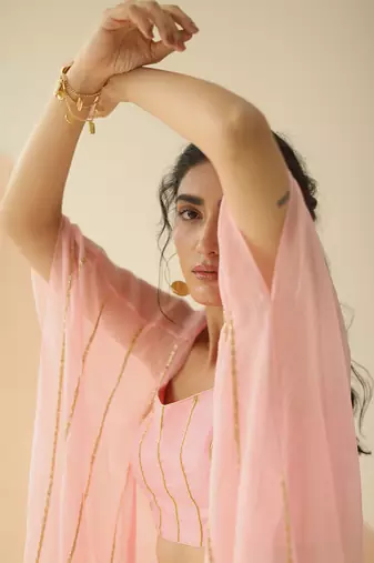 Baby Pink Step Line Blouse Sharara With Line Organza Jacket