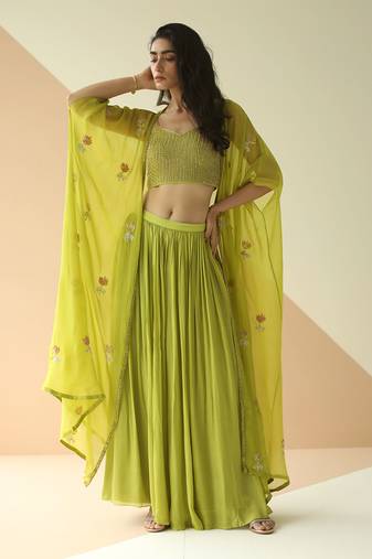 Lime Green Heavy Step Blouse Sharara With Butti Organza Jacket