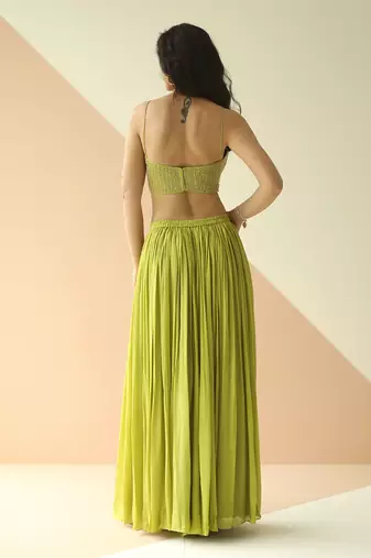 Lime Green Heavy Step Blouse Sharara With Butti Organza Jacket