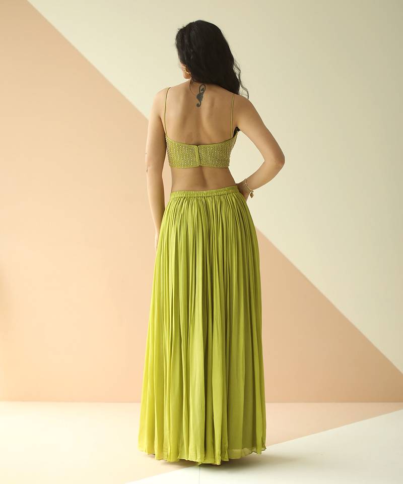 Lime Green Heavy Step Blouse Sharara With Butti Organza Jacket