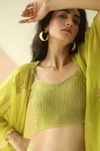 Lime Green Heavy Step Blouse Sharara With Butti Organza Jacket