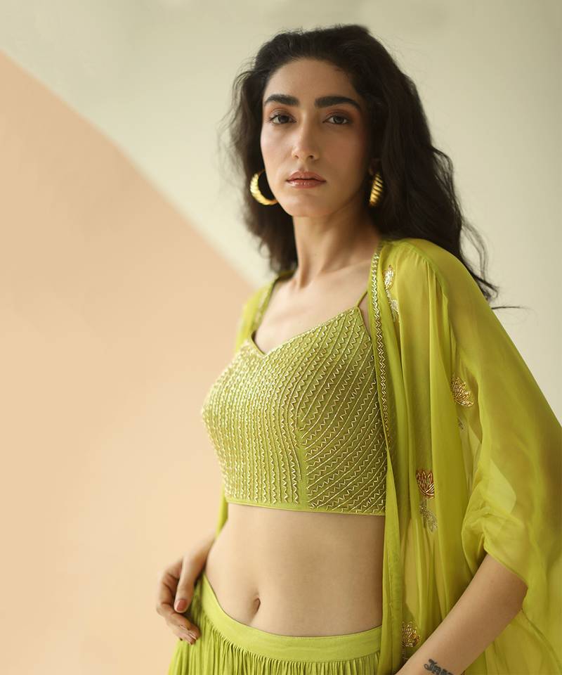 Lime Green Heavy Step Blouse Sharara With Butti Organza Jacket
