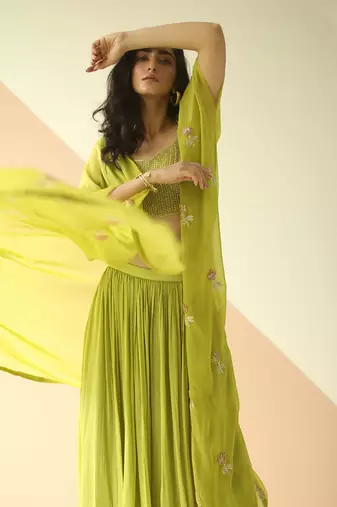 Lime Green Heavy Step Blouse Sharara With Butti Organza Jacket