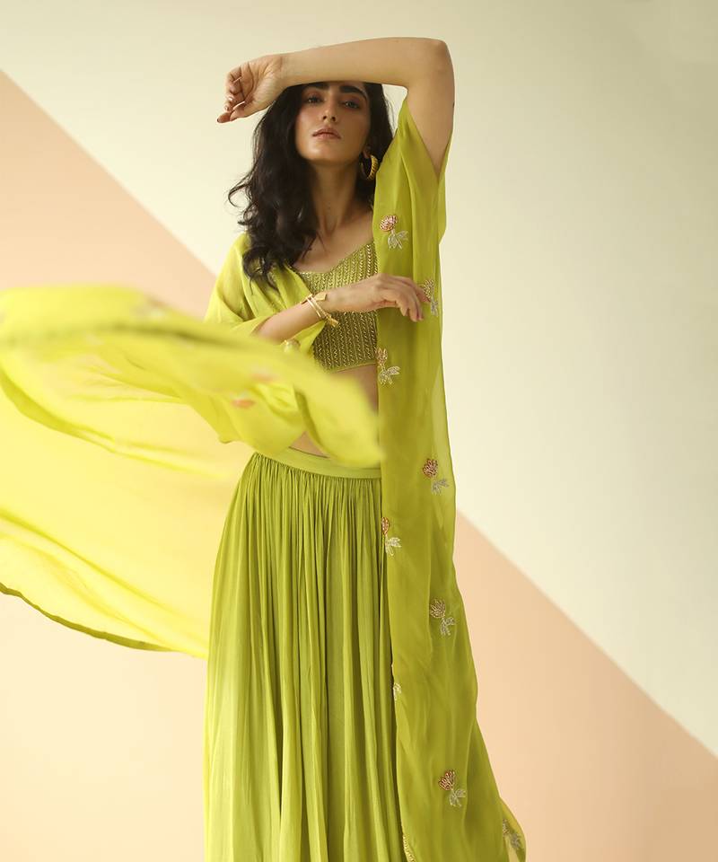 Lime Green Heavy Step Blouse Sharara With Butti Organza Jacket