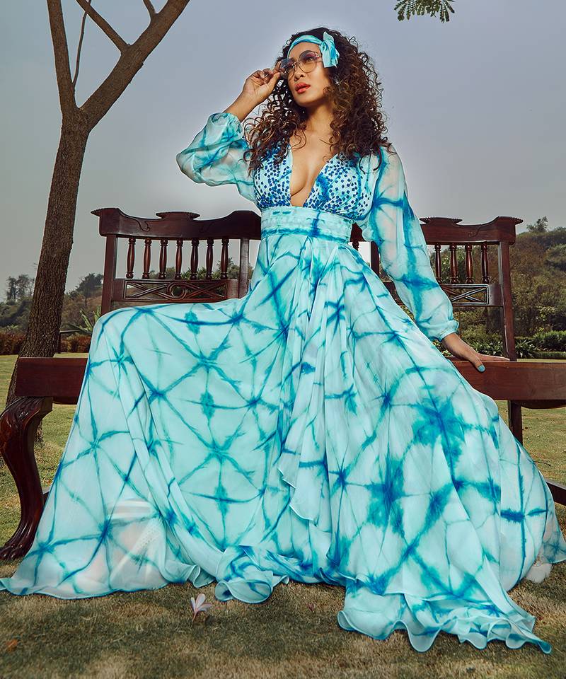 Blue Tie Dye Silk Maxi Dress 