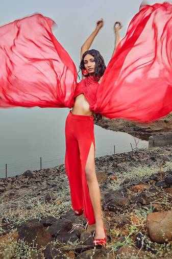Scarlet Red Halter Top And Trouser Set