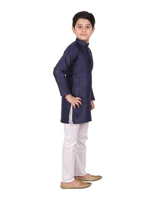 Boys Blue and White Cotton Simple Kurta Pajama Set 3
