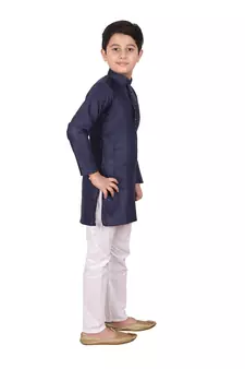 Boys Blue and White Cotton Simple Kurta Pajama Set