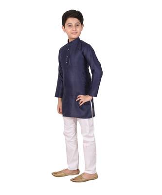 Boys Blue and White Cotton Simple Kurta Pajama Set 4