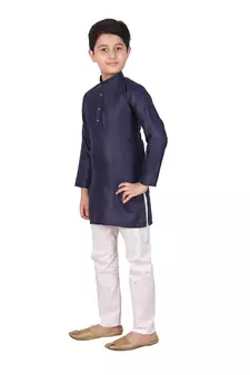 Boys Blue and White Cotton Simple Kurta Pajama Set