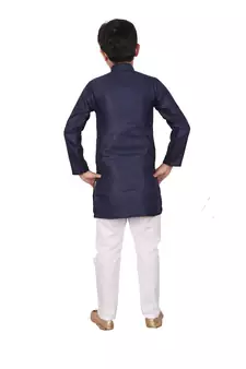Boys Blue and White Cotton Simple Kurta Pajama Set
